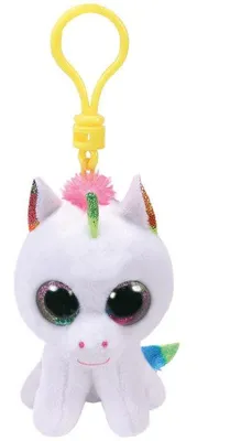 A white unicorn plush toy with a yellow clip attached to its head.