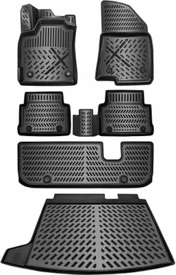 A set of black car floor mats and a trunk liner.