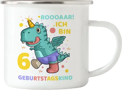 Produktbild von Roooaarr Ich Bin 6 Emaille Tasse Dinosaurier Dino T-Rex Geburtstag Kindergeburtstag