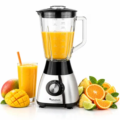 Produktbild von TurboTronic Standmixer – BG5 – 1200 W, 1,5-L-Glasbehälter, Ice-Crush-Funktion, Smoothie-Maker und Milchshaker, Edelstahlgehäuse, BPA-frei, Silber