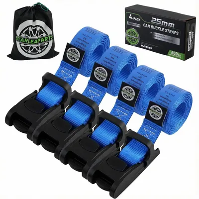 Obrázek produktu pro Upevňovací popruhy, sada 4 kusů, délka 75 cm, modré, šířka 25 mm, nosnost 600 kg, s aretačními sponami