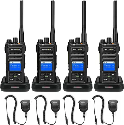 Four black Retevis NR630S walkie-talkies are displayed in their charging docks, with four separate microphones with coiled cords arranged below them.