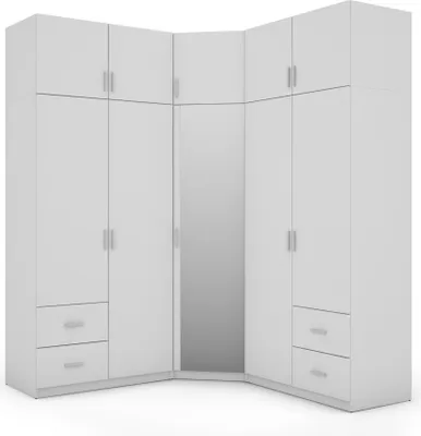 Produktbild von Meblast | 3-teiliger Eckschrank 189x240x54 cm mit Spiegel - Kleiderschrank mit 20 Einlegeböden, 4 Schubladen & 3 Kleiderstangen | Weiß/Weiß, Eckschran