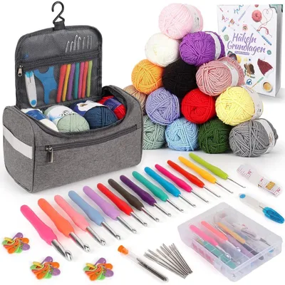Productafbeelding van Haakset voor beginners, 73 onderdelen, inclusief 15 bollen garen, een tas, accessoires, 2 ergonomische haaknaalden (2,0-10 mm), kleur: lichtgrijs