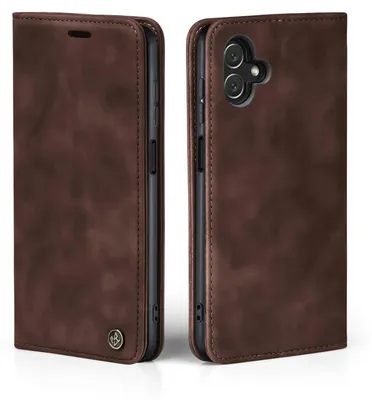 Two views of a brown leather flip phone case for a Samsung Galaxy A05.