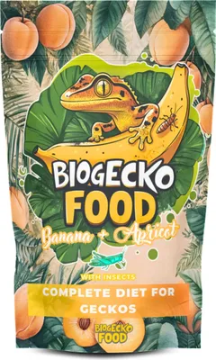 Produktbild von BioGecko Food Banane & Aprikose - 100g - Alleinfuttermittel für Kronengeckos und andere Echsen BANANE-APRIKOSE + INSEKTEN