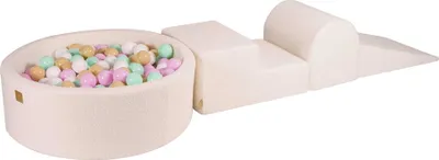 Produktbild von MeowBaby penové ihrisko 3-prvková penová hracia súprava s okrúhlym bazénom s loptičkami, 200 loptičiek, Boucle White: pastelová ružová/mintová/biela/béžová