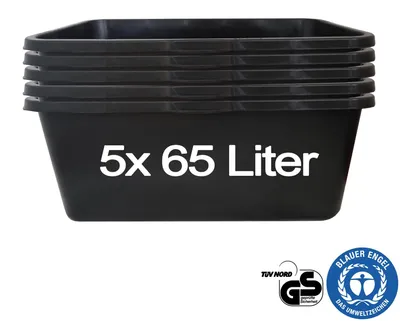 Image de Hossi's Wholesale - 5 pièces bac à mortier 65 litres pour chantier, ménage, jardin, industrie UVM. - Seau à mortier pour mortier, béton, gravats & matériaux de construction - seau de chantier extrêmement solide avec fond renforcé