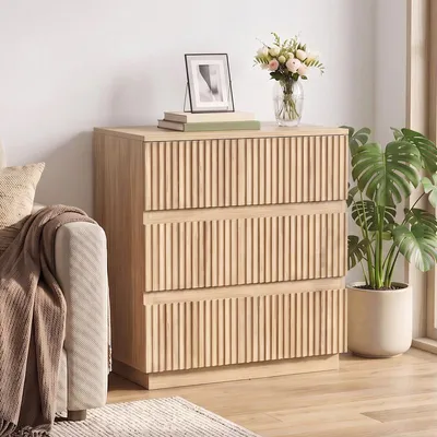 Image de Commode ALIGHTUP avec 3 tiroirs, design à lamelles sans poignée, meuble de chambre, chêne, 60 x 33 x 56 cm