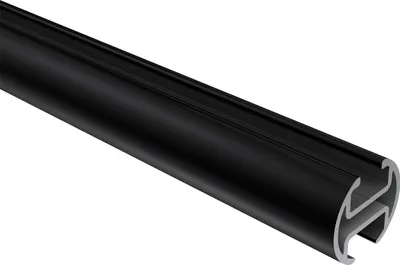 A close-up, angled view of a black metal curtain rod profile on a white background.