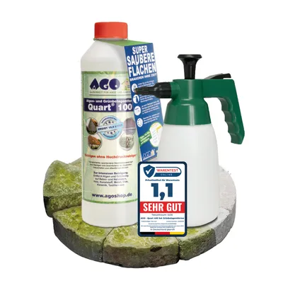 Produktbild von AGO Quart 100 Grünbelagentferner 500 ml, chlor- und säurefrei & Sprühflasche 1L / 100 qm Algen und Grünbelag Entferner/Steinreiniger/Terrassenreiniger