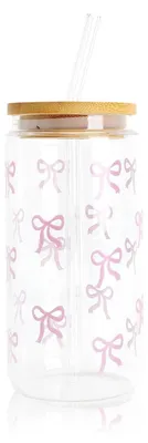 Trinkbecher aus Glas mit Deckel und Strohhalm, 360 ml, rosa