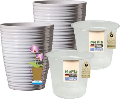 Produktbild von MePla - 2 Stück - Orchideenkübel Bergamo ø 13 Zartgrau + Pflanztopf Orchidee ø 12