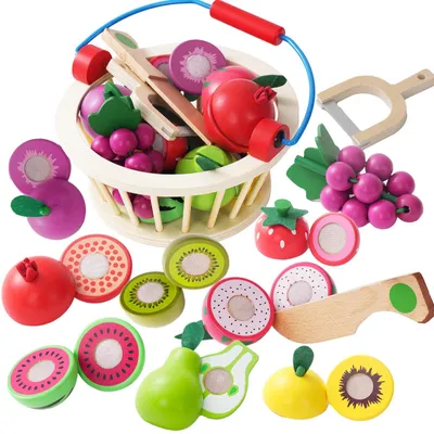Obrázok produktu pre Omgoods – Vzdelávacie hračky – Drevené ovocie/zelenina – Príslušenstvo do kuchynky – Kôš s ovocím (12 kusov) – Montessori hračky – Bezpečné krájanie s pomocou suchého zipsu