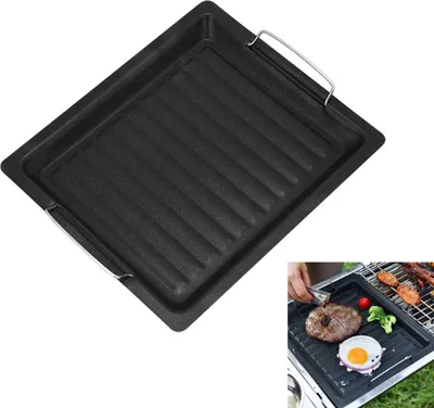 Produktbild von BBQ Grillplatte, Pfanne Grill Grillpfanne Kochen, Wendeplatte Gusseisen Pizzaplatte, Gasgrill-Zubehör Universal, für Outdoor Camping, 25 * 30 cm Schwarz