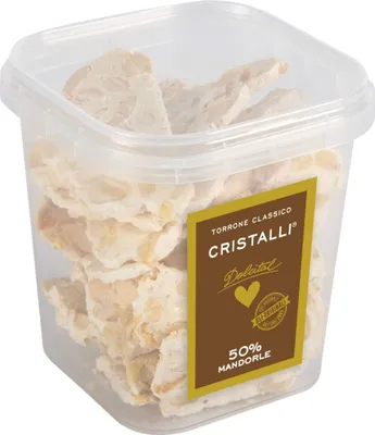 Produktbild von Torrone mit 50% Mandeln in Stücken, hart, Cristalli Mandorle, 150g, weißer Nougat, Dolcital