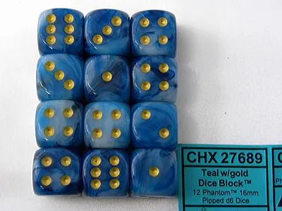 Zdjęcie produktu dla Zestaw kostek Chessex Phantom Teal Gold D6 16 mm 12 szt