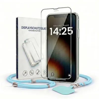 Produktbild von Handyhülle für Apple iPhone 11 mit Handykette und 9H Displayglas Displayschutz Band in Hellblau Kordel Hülle Case Schutzhülle Transparent