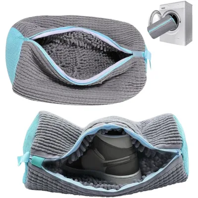 Produktbild von IntiMeg 2 Stück schuhwaschbeutel waschmaschine, Sportschuhwaschbeutel mit 360° Reinigungsvlies und Reißverschluss, 39*20cm, Grau