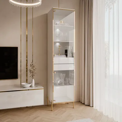 Produktbild von Vitrine AURORA mit LED-Beleuchtung mit gerade Beine in goldenem Chrom