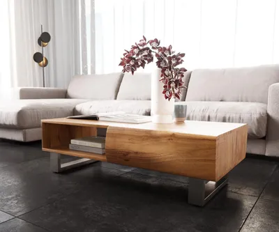 Produktbild von DELIFE Couchtisch New Live-Edge 115x60 cm Akazie Natur 2 Schubladen 1 Fach Kufe Edelstahl gebürstet