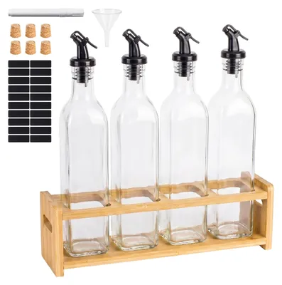 Ölflaschen Set, 4 x 500 ml, mit Bambushalter, transparent
