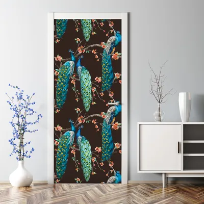 Produktbild von Dekorative 3D Abnehmbarer Wandsticker Türtapete selbstklebend Klebefolie Pfauen und Blumen 85 x 200 cm