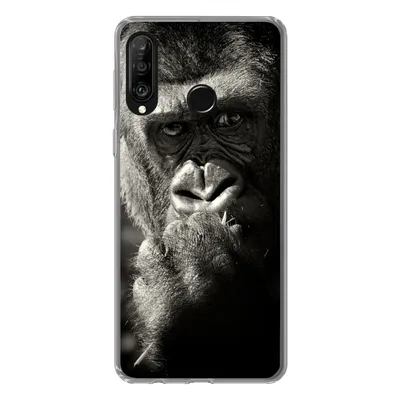 Produktbild von MuchoWow® Handyhülle Schutzhülle Hülle für Huawei P30 Lite Gorilla auf schwarzem Hintergrund in Schwarz und Weiß Silikon Softcase Handy Hülle - Handyhülle