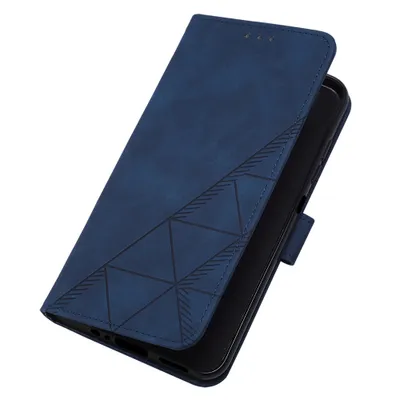 A blue flip leather phone case with a geometric pattern is shown from a diagonal angle.