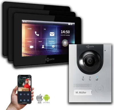 Image de Goliath Interphone vidéo 2 fils avec caméra Argent : Boîte d'encastrement : 7 pouces en noir : 3 moniteurs Nombre de moniteurs : 3 moniteurs Choix du moniteur : 7 pouces en noir Boîte de montage de la sonnette : Boîte d'encastrement