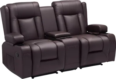 A brown leather loveseat sofa with a center console, cup holders, and storage pockets.