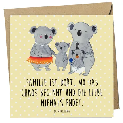 Produktbild von Mr. & Mrs. Panda Grußkarte Koala Familie - Gelb Pastell - Geschenk, faltkarte, doppelkarte, Glückwunschkarte, Klappkarte, Papa, Family, Kinder, anlasskarte, Mama