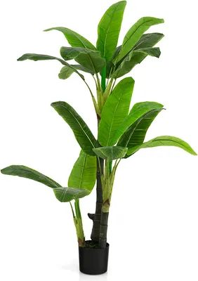 Produktbild von GOPLUS 150 cm hoher künstlicher Bananenbaum, künstlicher tropischer Baum mit 18 großen Blättern, 3 Stämmen & realistischem Moos