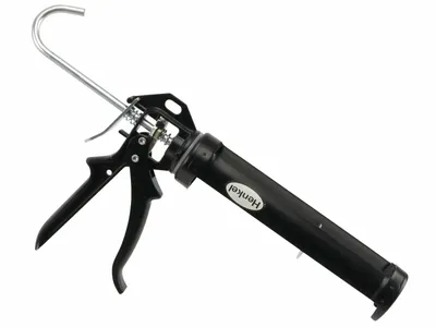 A black and silver caulking gun is shown against a white background.