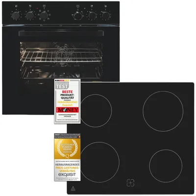 A black oven and a black induction hob are shown side-by-side, with two award stickers placed on them.