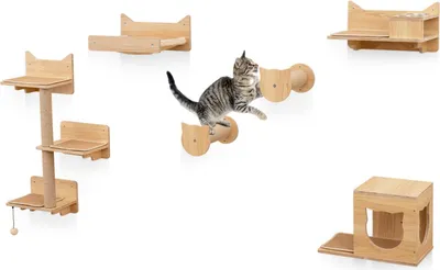 Produktbild von GOPLUS Kletterwand Katzen, 5 PCS Katzen Wandpark mit 2 Kratzpfosten, 3-stöckigem Katzenturm, Futterregal & 2 Schüsseln, Katzentreppe für Schlafen