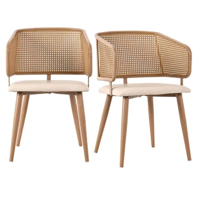 Produktbild von Rattan Esszimmerstuhl mit Armlehnen, Set aus 2, langlebiges PE-Imitationsrattan, Kunstlederkissen, rutschfeste Bodenschutzpads,Beige