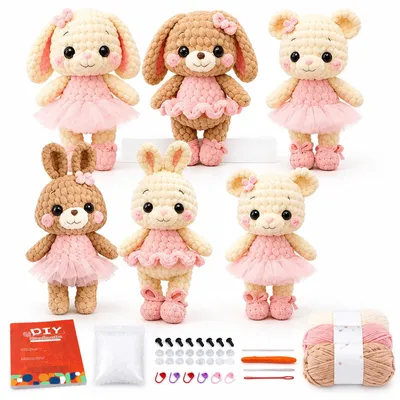 Image de Kit de crochet amigurumi pour débutants, projet de loisirs créatifs, comprenant un lapin et un ours, avec fil et instructions