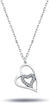Productafbeelding van Halsketting met een dubbele hartbedel, bezet met een diamant, vervaardigd uit 14 karaat (585) witgoud