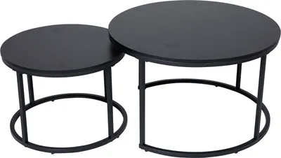 Image de Table basse ronde, set de 2 tables en bois, table de salon moderne en noir, set de tables d'appoint 2 en 1 avec structure métallique pour le salon