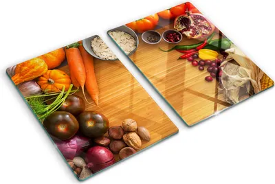 Produktbild von Tulup Glas Herdabdeckplatte - 2x40x52 cm - Glaskeramikkochfeld-Abdeckung Spritzschutz Glasabdeckplatte Kochplattenabdeckung und Schneidebrett - Zweiteilig - Essen & Getränke - Herbstgemüse - Mehrfarbig