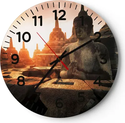 Produktbild von Wanduhr - Rund - Glasuhr - Buddha Glaube Asien - 40x40cm - Schleichendes Uhrwerk - Lautlos - zum Aufhängen bereit - Dekoration Modern - Wanddekoration aus Glas - C4AR40x40-4026