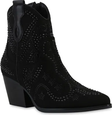 Produktbild von VAN HILL Damen Cowboy Boots Stiefelette Spitz Strass Schuhe 840898, Farbe: Schwarz, Größe: 36