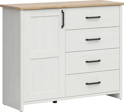 Produktbild von Buffet Aksel mit 4 Schubladen und 1 Tür, Weiß und Holzoptik, 102cm