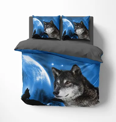 Produktbild von FEBE Bettwäsche, Wolf, 135x200 / 80x80 cm, 2-teilig, 3D Wendebettwäsche mit Reißverschluss, Mikrofaser, Hypoallergen, Blau, Marineblau, Grau, Weiß