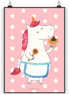 Produktbild von Mr. & Mrs. Panda Bild Einhorn Küche DIN A4 - Rot Pastell - Geschenk, Träumen, wanddeko, Kuchen, Wandbild, Plakat, Torte, Kunstdruck, Unicorn, drucke, Einhörner, Muffin