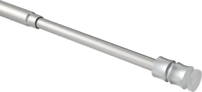A close-up, angled view of a silver telescopic rod with a clear plastic end cap, isolated on a white background.