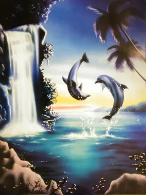Produktbild von Schwarzlicht Poster | Dolphins Dance | 64x90cm | ungerahmt | Kunstdruck | Fantasy | Wandbild | Wandposter | Delphine | Wasserfall