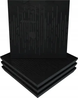 Produktbild von 4 Stück AKUSTIK-WANDPANEELE mit Montageset | "WAVE" 50x50x5cm | Absorption und Diffusion | Farbe: Schwarz glänzender Kunststoff