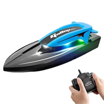 Imagen del producto de Barco de juguete a control remoto para niños, 2.4G, resistente al agua, eléctrico, con luces. Barco de velocidad, color azul